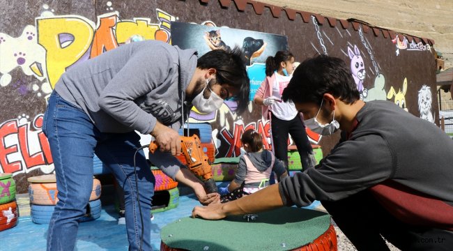 Kayseri'de hurda otomobil lastiklerinden kediler için yuva yaptılar